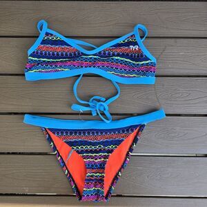 TYR Women's Durafast Fuzzy Stripes Tieback Multicolor Bikini Sz S NEW No Tag
